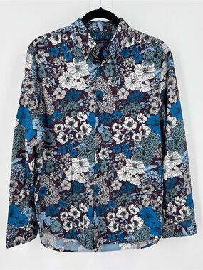 Lords of Harlech Morris Linear Floral Bordeaux Shirt Men's Small S EUC Blue